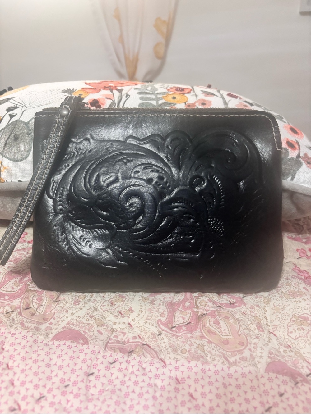 Patricia Nash Black Tooled Leather Wristlet Clutch